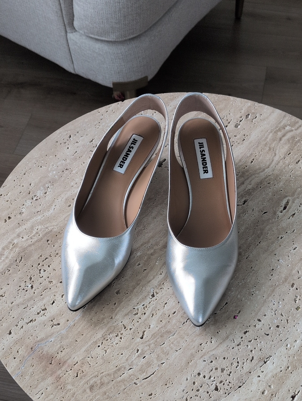 Jil Sander Metallic Silver Pointed Slingback Heels